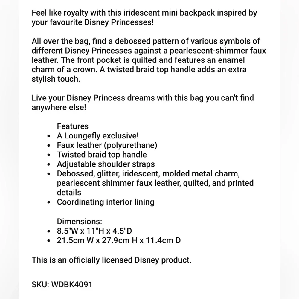 Loungefly Disney Princess iridescent all over print  Backpack Hard Tag New!